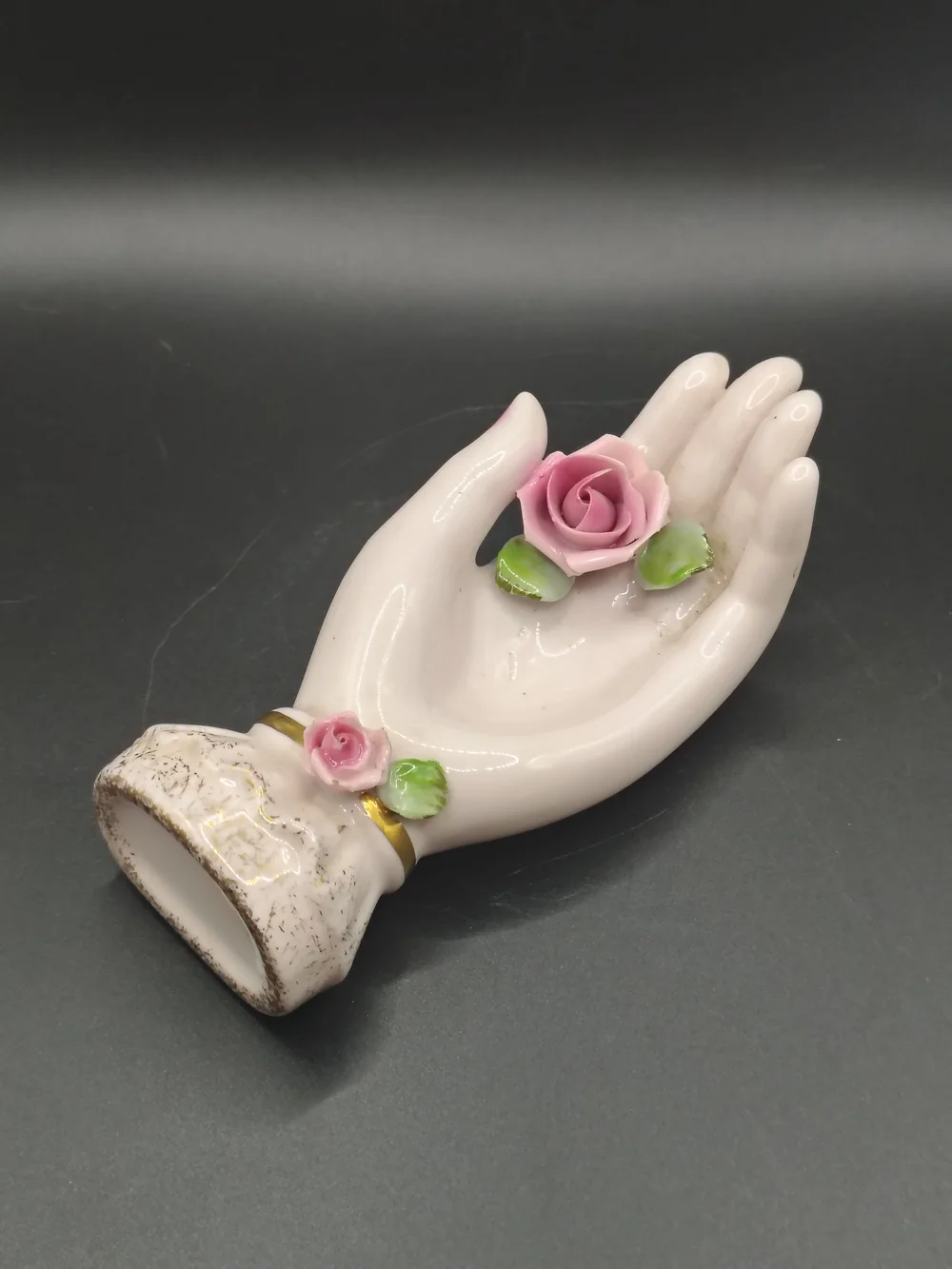 Lefton Porcelain Hand Ring Holder with Pink Rose Accent